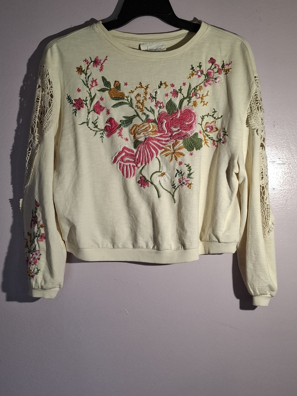 Anthropologie Cream Sweatshirt with Pink & Green Floral Embroidery
